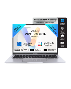 Asus VivoBook 14 X1405VA -13th Gen Intel Core i7 13620H | 16GB | 512GB SSD | 14'' WUXGA | Win11 | Backlit Keyboard | Fingerprint | Bag | Mouse | Cool Silver | 2 Year Int'l Warranty | 1 year Perfect Warranty