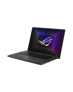 Top view of a sleek black gaming laptop with a glowing purple-backlit keyboard and an illuminated ROG logo on the screen.