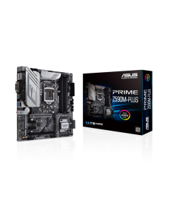 ASUS Prime Z590M-Plus (LGA 1200) micro ATX motherboard with PCIe® 4.0, 9 DrMOS power stages, DisplayPort™, HDMI®, DVI, SATA 6 Gbps, Intel® 1 Gb Ethernet, USB 3.2 Gen 2x2 Type-C®, Thunderbolt™ 4 support, and Aura Sync RGB lighting